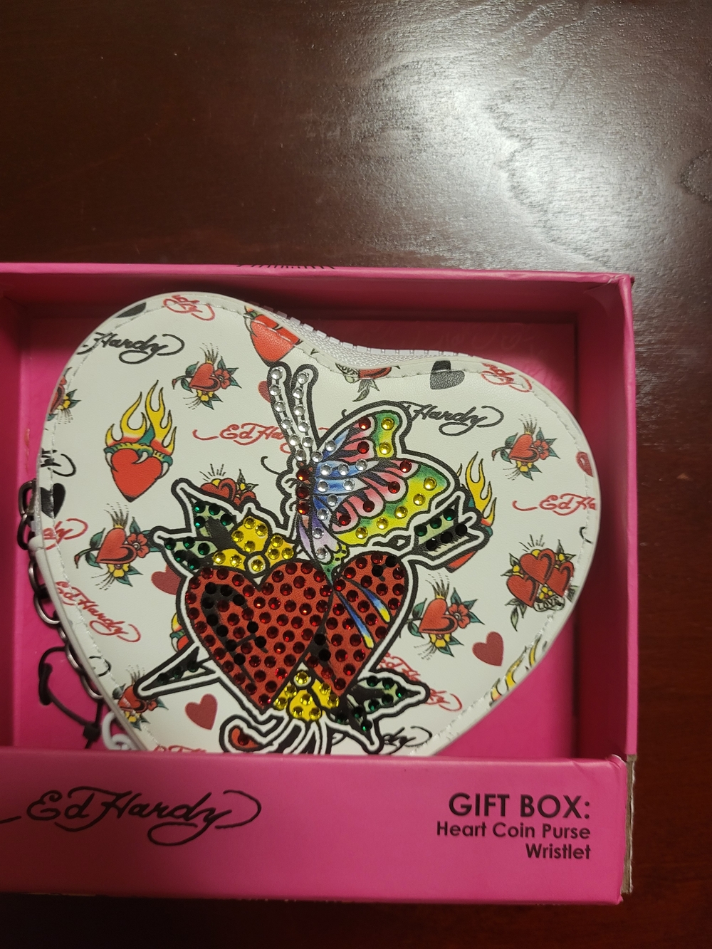 Ed Hardy Heart Coin Purse Wristlet with Multicolor Heart & Butterfly
